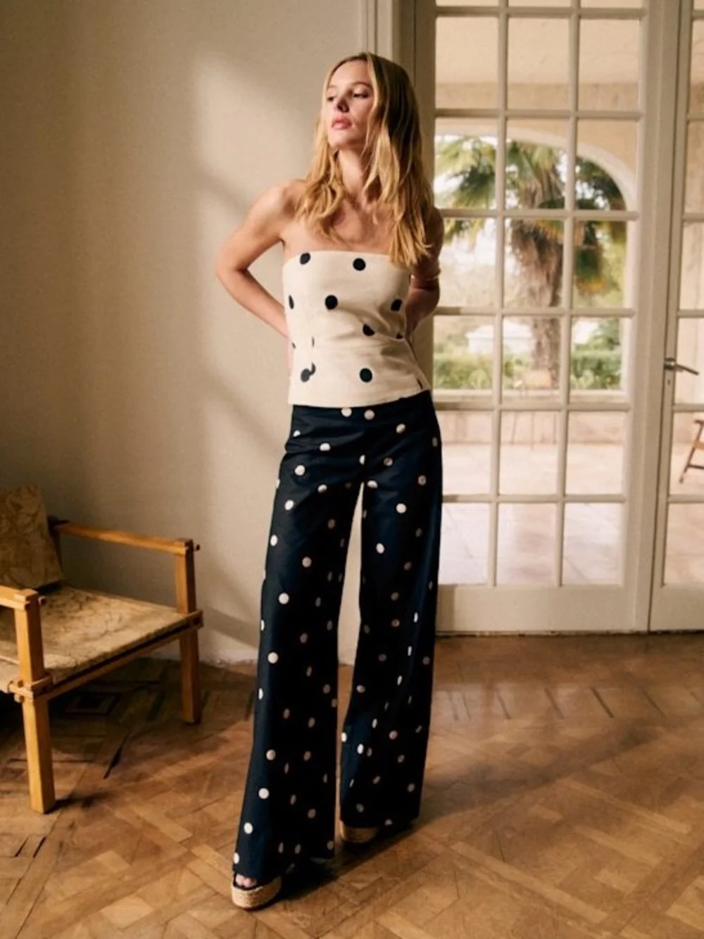 SEZANE EDITIONS Ecru Cream & Black Polka Dot Printed Linen Strapless Peplum Top - Picture 4 of 17